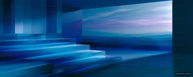 Steps leading to an abstract blue landscape at twilight