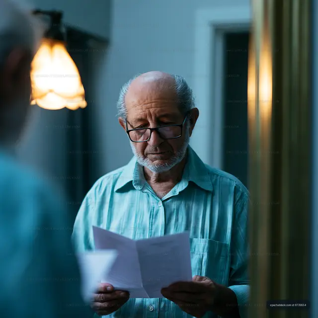 Elderly man reading documents in a well-lit room