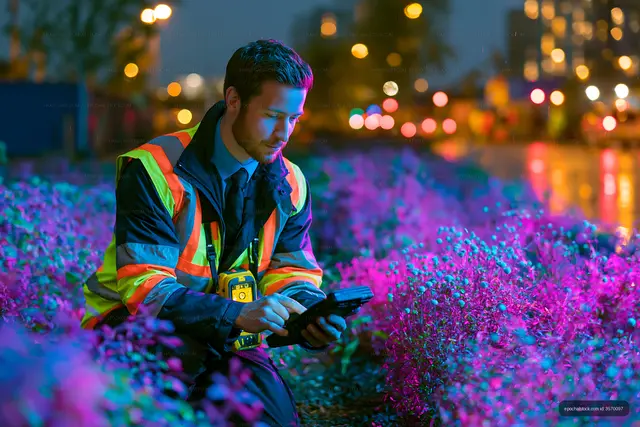 Worker using a tablet near flowers in a city at night