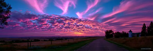 Colorful sunset over rural landscape with clouds and road