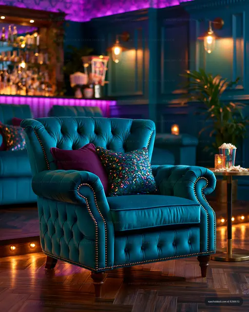Cozy blue armchair in a stylish lounge with colorful lights