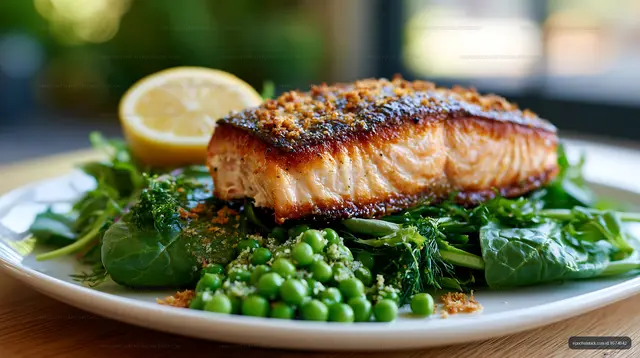 Grilled salmon fillet with greens and lemon on a white plate