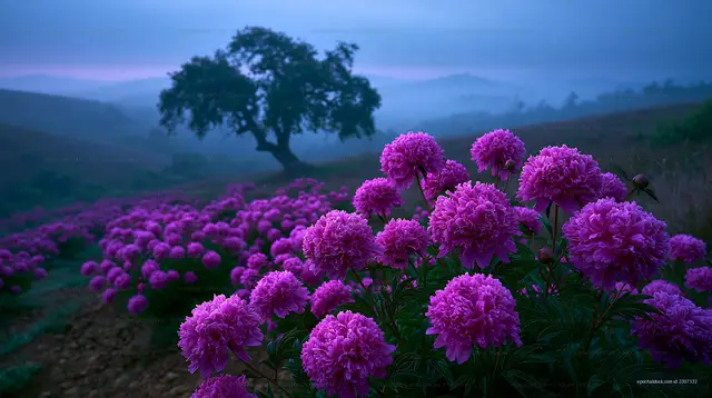 Vibrant purple flowers in a foggy landscape at dawn