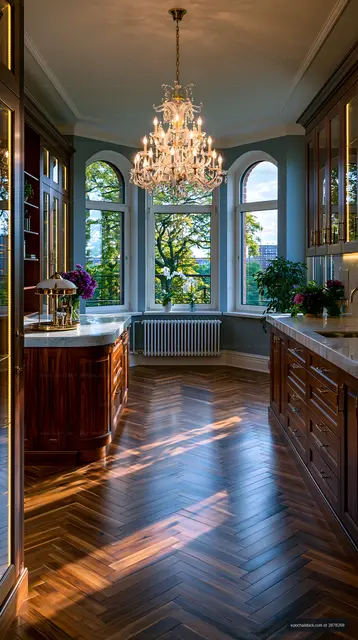 Elegant kitchen with hardwood floor and large windows