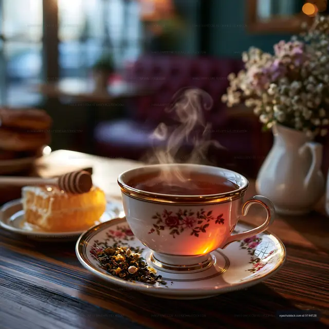 Warm cup of tea with steam on a wooden table