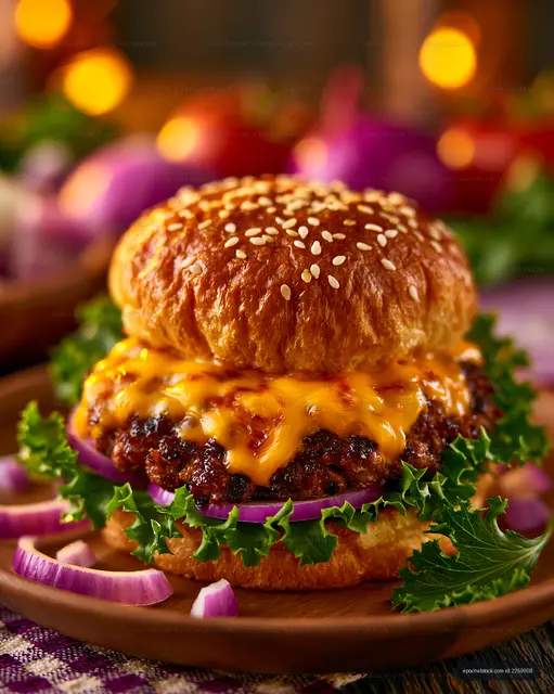 Cheeseburger with lettuce and onions on a wooden plate