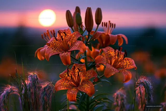 Bright orange lilies bloom at sunset in a tranquil field