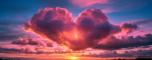 Colorful sunset with heart-shaped clouds in the sky