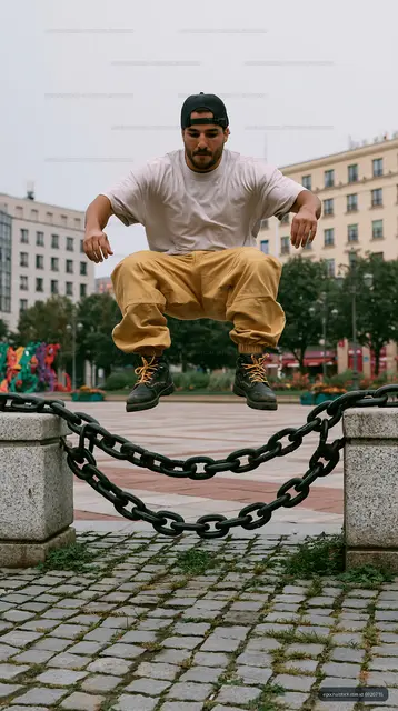 Man jumping over a chain in a city park