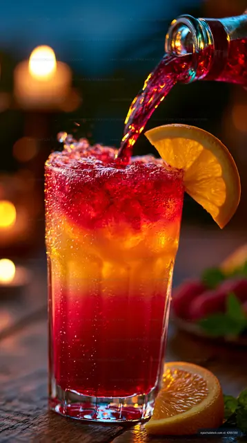 Colorful cocktail with orange and red layers in a tall glass