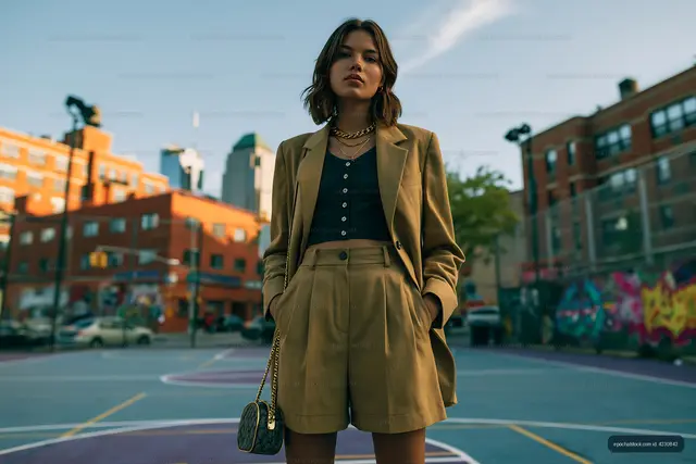 Young woman in stylish outfit poses in urban basketball court