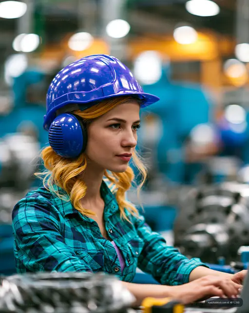 Woman wearing safety gear in industrial environment