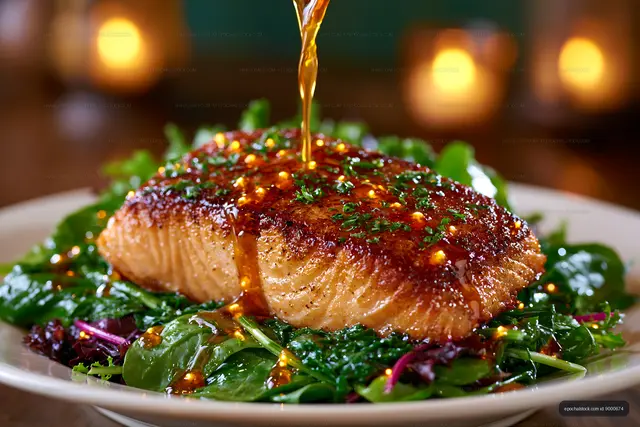 Delicious salmon dish with salad and sauce on a plate
