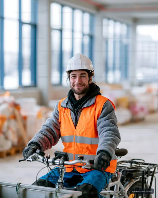 Construction worker on bicycle in a warehouse setting