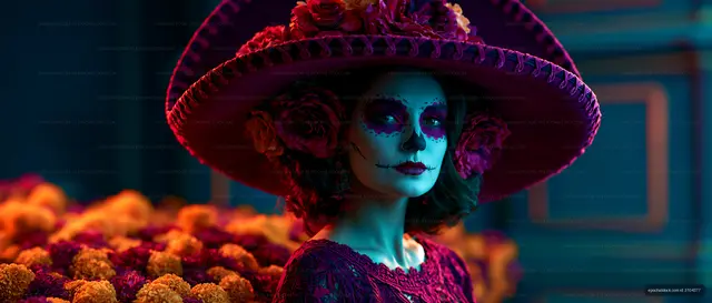 Woman in traditional dress with colorful flowers and large hat
