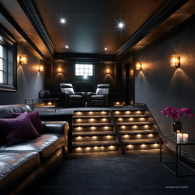 Modern home theater with cozy seating and ambient lighting