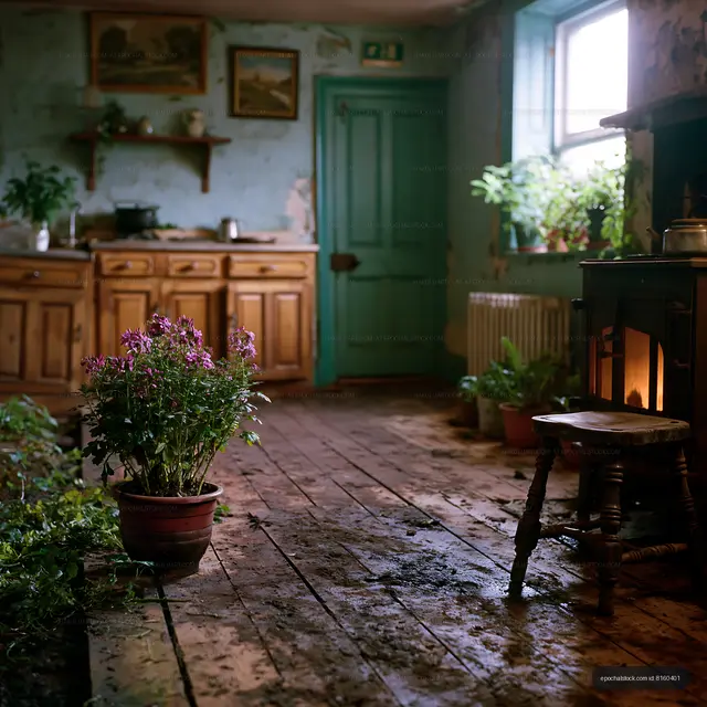 Old kitchen with plants and a wooden floor in a rustic interior