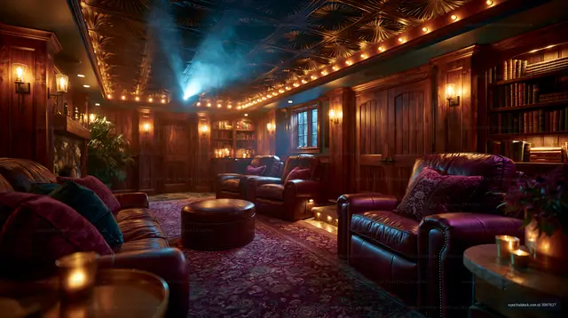 Cozy interior of a lounge with warm lighting and rich decor