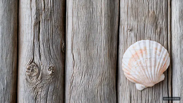 Scallop shell on weathered wooden surface