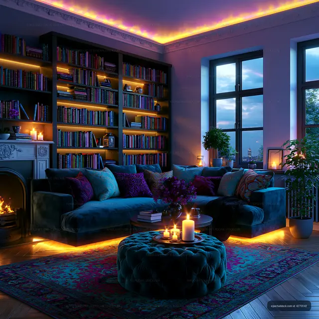 Cozy living room with bookshelf, candles, and soft lighting