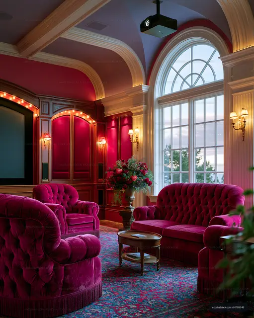 Elegant room with pink sofas and large window