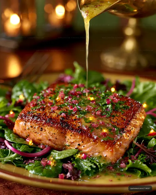 Salmon fillet served on salad with dressing drizzle