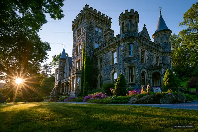 Historic stone castle with towers during sunset