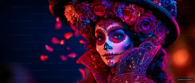 Colorful Day of the Dead celebration with decorated skull face