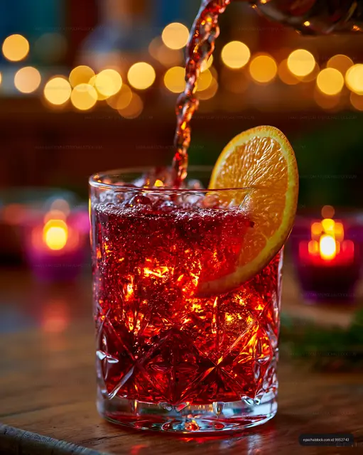 Pouring a drink into a glass with orange slice at a gathering