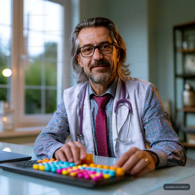 Doctor smiling at desk with colorful pills and a stethoscope