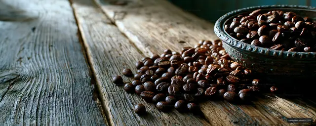 Fresh coffee beans spilled on wooden table