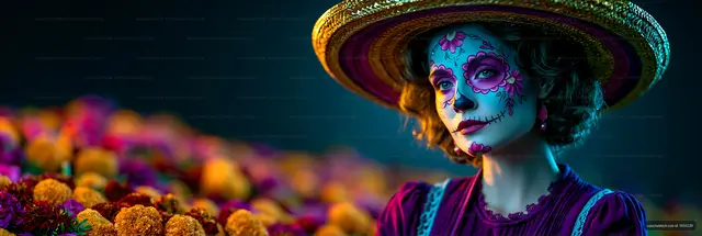 Woman with skull makeup at a festival in colorful attire