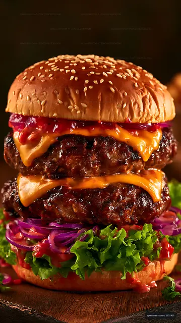 Juicy double cheeseburger with fresh vegetables and sauces
