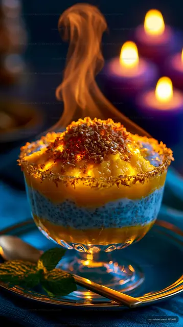 Flaming dessert with layers of cream and nuts on blue background