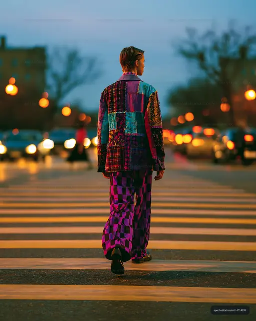 Person crossing street in colorful outfit during evening