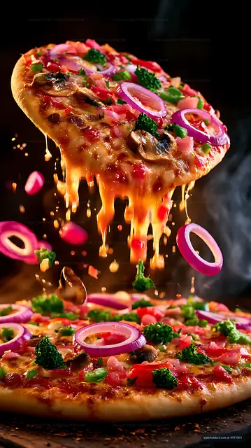 Delicious cheese pizza topped with vegetables and herbs