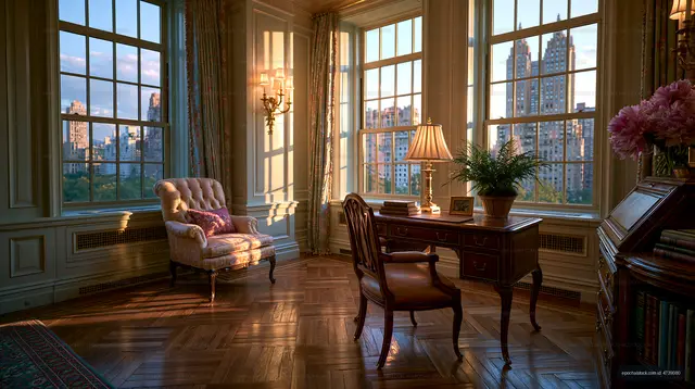 Cozy workspace with a view of the city skyline at sunset