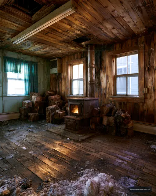 Abandoned room with a wood stove and wood piles on the floor