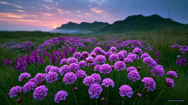 Bright purple flowers bloom in a grassy field at sunset