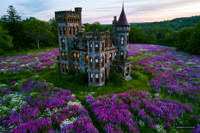 Castle surrounded by purple flowers at sunset