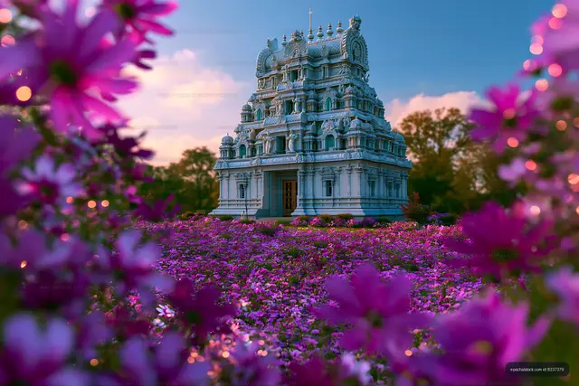 Colorful flowers surround a temple at sunset