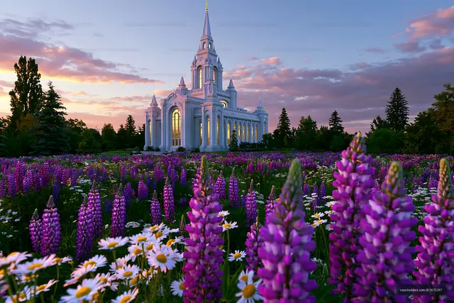 Flowers surround a white church at sunset in a colorful garden