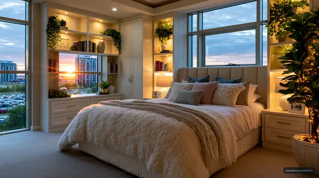 Cozy bedroom with sunset view through large window