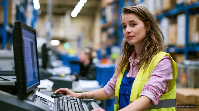 Warehouse worker uses computer in distribution center