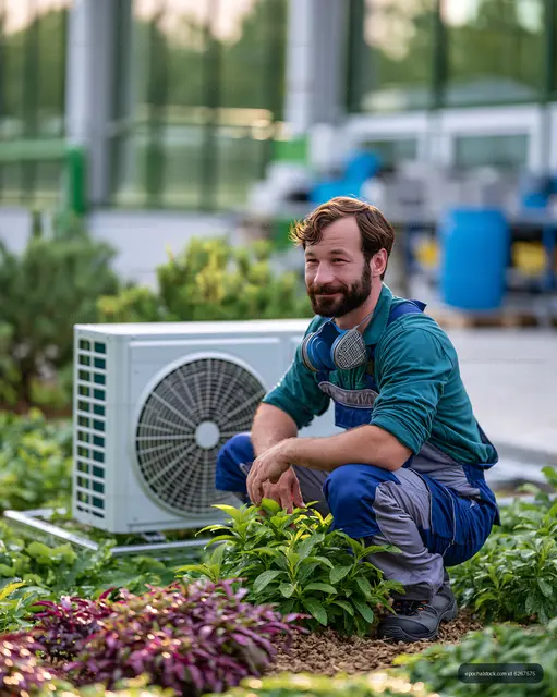 Worker in garden wearing mask and crouching near air conditioner