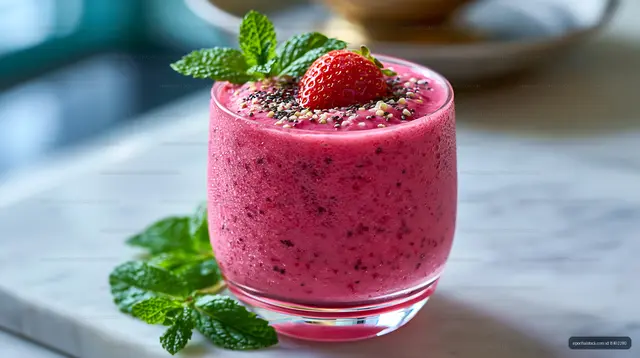 Refreshing fruit smoothie served in a glass with mint and strawberry