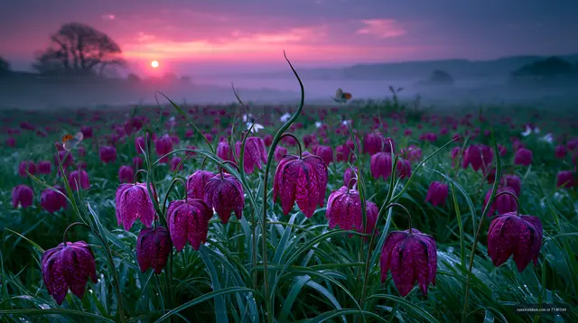Sunrise over a field of Fritillaria flowers with morning mist