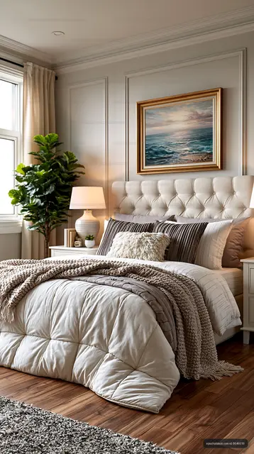 Cozy bedroom interior with plants and soft bedding