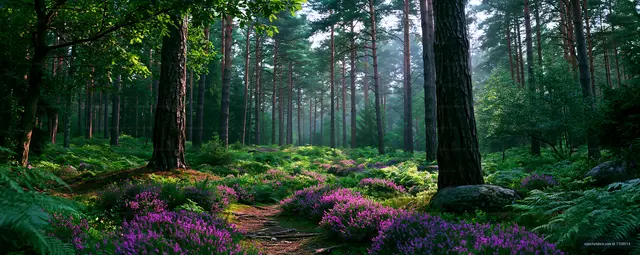 Forest path with purple flowers in a dense woodland area