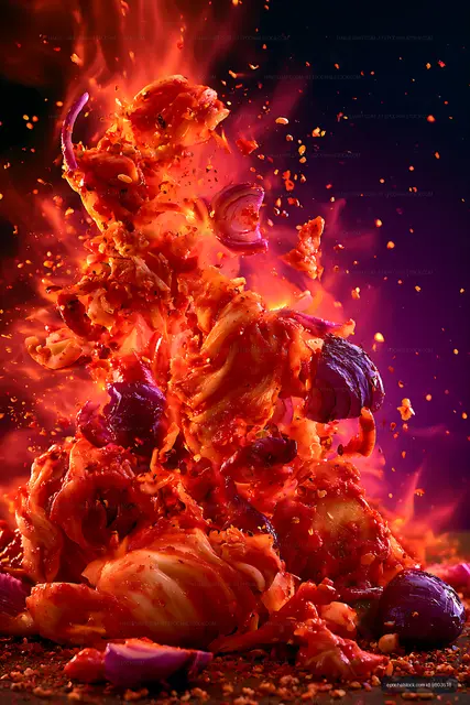 Fiery explosion of colorful vegetables on a dark background